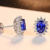 Oval Halo Blue Sapphire Birthstone Earrings Sterling Silver