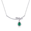 Pear Shaped Halo Emerald Birthstone Necklace Sterling Silver
