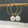 Japanese Akoya White Round Pearl Hoop Earrings 18k Yellow Gold