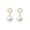 White Round Freshwater Pearl Four Leaf Clover Stud Earrings