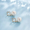 White Round Freshwater Pearl Four Leaf Clover Stud Earrings