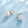 White Round Freshwater Pearl Four Leaf Clover Stud Earrings